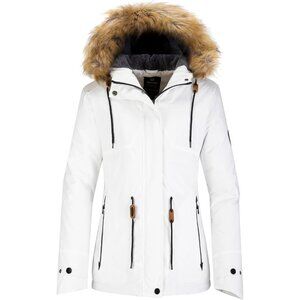 Women's Waterproof White Snow Ski Jacket Hooded Coat Snowboarding Fleece